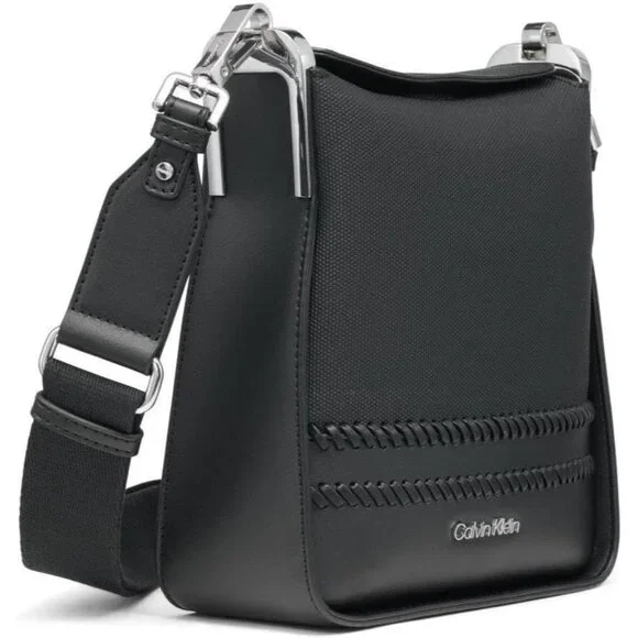 Fay North/South Small Black Canvas Crossbody Bag with Snap Closure